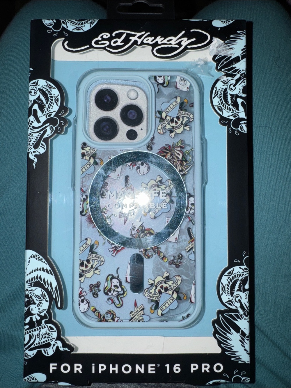 Ed Hardy Light Blue Tattoo-Print iPhone 16 Pro Case